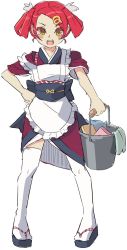 Rule 34 | 1girl, apron, blush stickers, bucket, full body, hair ornament, hair rings, hairclip, hand on own hip, highres, japanese clothes, jpeg artifacts, junkpuyo, maid, maid apron, obi, open mouth, original, pigeon-toed, red hair, sandals, sash, sketch, smile, solo, swept bangs, tasuki, thighhighs, wa maid, white thighhighs