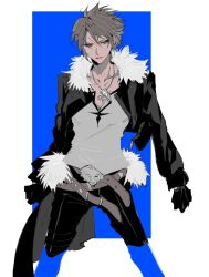Rule 34 | 1boy, belt, belt buckle, black gloves, black jacket, black pants, blue background, border, buckle, chain, chain necklace, collarbone, cowboy shot, cropped jacket, feet out of frame, final fantasy, final fantasy viii, fur-trimmed jacket, fur trim, gloves, grey eyes, grey hair, grey shirt, hair between eyes, highres, jacket, jewelry, long sleeves, looking at viewer, male focus, multiple belts, muted color, necklace, pants, parted bangs, parted lips, pokashi, scar, scar on face, scar on forehead, shirt, short hair, solo, squall leonhart, thigh strap, white border