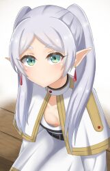 Rule 34 | 1girl, absurdres, areola slip, blush, breasts, closed mouth, downblouse, earrings, elf, frieren, green eyes, highres, jewelry, katsuragi b k, long hair, looking at viewer, no bra, pointy ears, small breasts, solo, sousou no frieren, twintails, white hair