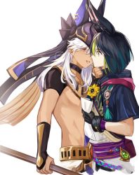 Rule 34 | 2boys, animal ear fluff, animal ears, animal hat, arabian clothes, belt, black choker, black gloves, black hair, black headwear, black ribbon, black shirt, blunt ends, bright pupils, choker, commentary, crescent (cgcrescent), crop top, cyno (genshin impact), dark-skinned male, dark skin, elbow gloves, fingerless gloves, flower, fox boy, fox ears, genshin impact, gloves, green eyes, green hair, hand on another&#039;s chin, hand up, hat, highres, holding, holding paper, holding polearm, holding weapon, hood, hood down, hoodie, imminent kiss, jackal ears, jewelry, long hair, looking at another, male focus, medal, multicolored clothes, multicolored hair, multiple boys, necklace, paper, parted lips, polearm, profile, red eyes, ribbon, shirt, short hair, short sleeves, sidelocks, simple background, standing, streaked hair, tassel, tighnari (genshin impact), turtleneck, vision (genshin impact), weapon, white background, white hair, white pupils, wrist cuffs, yaoi, yellow flower
