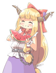 Rule 34 | 1girl, :t, arnest, belt, bow, chain, cuffs, eating, food, food on face, fruit, hair bow, horn ornament, horn ribbon, horns, ibuki suika, long hair, low-tied long hair, name connection, object namesake, ribbon, simple background, sleeveless, solo, touhou, watermelon, white background