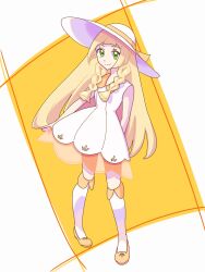 Rule 34 | 1girl, arm behind back, bega pic, blonde hair, boots, braid, closed mouth, commentary request, creatures (company), dress, full body, game freak, green eyes, hat, highres, lillie (nihilego), lillie (pokemon), long hair, looking at viewer, nintendo, orange background, pokemon, pokemon (anime), pokemon journeys, pokemon swsh111, sleeveless, sleeveless dress, smile, solo, standing, thigh boots, twin braids, two-tone background, white background, white dress, white hat
