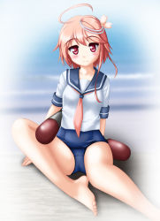Rule 34 | 10s, 1girl, i-58 (kancolle), kantai collection, neopure, pink hair, red eyes, school swimsuit, school uniform, short hair, sitting, solo, swimsuit, swimsuit under clothes, torpedo, type 95 torpedo