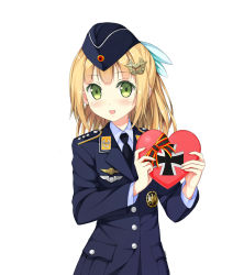 Rule 34 | 1girl, badge, black necktie, blonde hair, blush, bow, buttons, cross, epaulettes, garrison cap, german flag, germany, green eyes, hair bow, hair ornament, hairpin, hat, heart, highres, iron cross, kantoku (style), long hair, looking at viewer, luftwaffe, military, military uniform, necktie, original, phanc, pilot, simple background, soldier, solo, uniform, valentine, white background