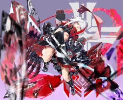 Rule 34 | 1girl, admiral graf spee (azur lane), azur lane, belt, belt buckle, black dress, black footwear, blue eyes, boots, breasts, buckle, claws, cross, dress, highres, iron cross, looking at viewer, machinery, medium breasts, multicolored hair, open mouth, red hair, red neckwear, red scarf, revealing clothes, scarf, short hair, sidelocks, silver hair, solo, streaked hair, tail, underboob, waterswing, white belt