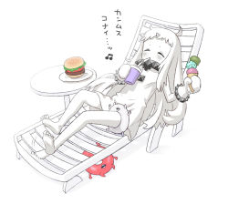 Rule 34 | 1girl, abyssal ship, barefoot, burger, chair, dress, drink, enemy lifebuoy (kancolle), closed eyes, food, highres, ice cream, kantai collection, kujira naoto, long hair, lounge chair, mittens, northern ocean princess, sitting, sleeveless, sleeveless dress, white dress, white hair