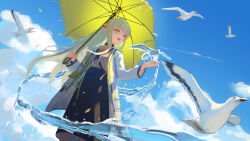 Rule 34 | 1girl, :d, arknights, artist name, bird, black choker, black skirt, blue sky, blunt bangs, brown shirt, choker, coat, day, elf, feet out of frame, green hair, high-waist skirt, highres, holding, holding umbrella, hydrokinesis, kkkkled, lab coat, long hair, long legs, long sleeves, looking to the side, muelsyse (arknights), open clothes, open coat, open mouth, orange eyes, outdoors, pointy ears, shirt, skirt, sky, smile, solo, standing, umbrella, very long hair, water