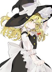 Rule 34 | 1girl, absurdres, apron, black dress, black hat, bow, braid, dress, dress grab, floating hair, hat, hat bow, head tilt, highres, huge bow, kirisame marisa, long hair, looking at viewer, miluchi, side braid, solo, touhou, white apron, white bow, witch hat, yellow eyes