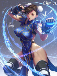 Rule 34 | 1girl, alternate costume, artist name, blush, bracelet, breasts, brown eyes, brown hair, bun cover, capcom, character name, china dress, chinese clothes, chun-li, clenched hand, commentary request, covered erect nipples, double bun, dress, earrings, fighting stance, fingerless gloves, fingernails, gloves, gold trim, gradient background, hair bun, hair ornament, hands up, highleg, highres, jewelry, knee pads, large breasts, looking at viewer, open mouth, short sleeves, signature, simple background, spiked bracelet, spikes, street fighter, street fighter v, thighhighs, thighs, tomo eokaiteru, turtleneck