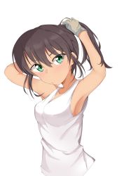 Rule 34 | 1girl, absurdres, adjusting hair, alternate hairstyle, armpits, arms behind head, arms up, blush, breasts, brown hair, closed mouth, cropped torso, dark-skinned female, dark skin, frown, girls und panzer, gloves, green eyes, grey gloves, hair up, head tilt, highres, hoshino (girls und panzer), kshimu, looking at viewer, mechanic, medium breasts, shirt, short hair, short ponytail, simple background, solo, tank top, upper body, white background, white shirt