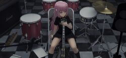 Rule 34 | 1girl, black shirt, black skirt, black socks, blue eyes, bocchi the rock!, cable, cable tie, chair, checkered floor, closed mouth, commentary request, cube hair ornament, drum, drum set, gotoh hitori, guitar, hair ornament, highres, holding, holding instrument, instrument, jax197, kneehighs, long hair, microphone, one side up, pink hair, shirt, short sleeves, sitting, skirt, socks, solo, speaker, t-shirt
