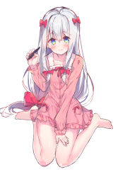 Rule 34 | 1girl, barefoot, blue eyes, blush, bow, closed mouth, collarbone, commentary request, eromanga sensei, fingernails, full body, hair between eyes, hair bow, head tilt, highres, holding, holding stylus, izumi sagiri, long hair, long sleeves, low-tied long hair, makiaato, nail polish, pajamas, pink nails, pink pajamas, pink shirt, red bow, shirt, silver hair, simple background, sitting, sketch, solo, stylus, very long hair, wariza, white background