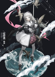 Rule 34 | 1girl, ankle boots, arknights, bird, black background, black footwear, black gloves, black jacket, blue eyes, boots, character name, closed mouth, from above, front-seamed legwear, full body, gloves, grey hair, gun, high-waist skirt, highres, holding, holding sword, holding weapon, irene (arknights), jacket, layered skirt, long hair, long sleeves, looking at viewer, looking up, pantyhose, puffy long sleeves, puffy sleeves, purple skirt, rapier, seamed legwear, simple background, skirt, solo, standing, standing on liquid, sword, very long hair, water, weapon, white pantyhose, white skirt