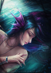 Rule 34 | 1girl, aqua hair, axsen, chain, chromatic aberration, cuffs, fins, half-closed eyes, head fins, highres, jewelry, light, lips, long hair, multicolored hair, nail polish, necklace, original, parted lips, partially submerged, pink lips, pink nails, profile, purple hair, signature, solo, sparkle, tattoo, topless, two-tone hair, upper body, watermark, web address