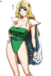 Rule 34 | 1990s (style), 1girl, aqua eyes, blonde hair, breasts, cape, celes chere, cleavage, final fantasy, final fantasy vi, hand on own hip, headband, large breasts, leotard, long hair, retro artstyle, sagging breasts, simple background, solo, st.germain-sal, white background