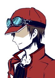 Rule 34 | 1boy, 428-10, black shirt, brown hair, covering own eyes, goggles, goggles on headwear, hat, jacket, jewelry, konami-kun, necklace, red hat, red jacket, shaded face, shirt, solo, t-shirt, yu-gi-oh!, yu-gi-oh! tag force