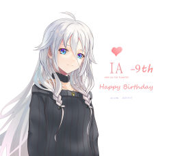 Rule 34 | 1girl, absurdres, ahoge, anniversary, artist name, black shirt, blue eyes, braid, cevio, character name, chinese commentary, commentary, hair tie, happy birthday, heart, highres, ia (vocaloid), jewelry, long hair, looking at viewer, maboroshi hane, necklace, off-shoulder sweater, off shoulder, resolution mismatch, ribbed sweater, shirt, smile, solo, source larger, sweater, twin braids, upper body, very long hair, vocaloid, white background, white hair