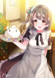 Rule 34 | 1girl, absurdres, alternate costume, apron, artist name, artist request, black ribbon, blush, breasts, brown eyes, brown hair, cafe maid (love live!), character name, commentary, depe, enmaided, female focus, food, highres, light brown hair, long hair, love live!, love live! school idol festival, love live! school idol festival all stars, love live! school idol project, maid, maid apron, maid headdress, medium breasts, minami kotori, minami kotori (bird), neck ribbon, one side up, ribbon, short sleeves, solo, tray, white apron, wonder zone, yellow eyes