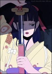 Rule 34 | 1boy, chris re5, closed mouth, dress, eyelashes, flat color, floral print, hair ornament, hair ribbon, high ponytail, japanese clothes, katana, kikunojo (one piece), kimono, lips, lipstick, long hair, looking at viewer, makeup, male focus, one piece, red lips, ribbon, sash, shade, sheath, sidelocks, simple background, sleeves rolled up, solo, standing, sword, trap, unsheathing, weapon
