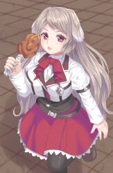 Rule 34 | 1girl, animal ears, black pantyhose, blush, bow, brown eyes, commentary request, cropped jacket, food, grey hair, holding, holding food, jacket, juliet sleeves, long hair, long sleeves, looking at viewer, mushoku tensei, nail polish, open mouth, pantyhose, pink nails, pleated skirt, puffy sleeves, pursena adoldia, red bow, red skirt, revision, shirt, skirt, sleeves past wrists, solo, standing, standing on one leg, sweat, teeth, tile floor, tiles, tukino neru, upper teeth only, very long hair, white jacket, white shirt
