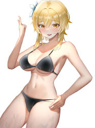 Rule 34 | 1girl, :d, bare arms, bare shoulders, bikini, black bikini, blonde hair, blush, breasts, flower, genshin impact, hair flower, hair ornament, hand on own hip, hand up, large breasts, looking at viewer, lumine (genshin impact), medium hair, navel, open mouth, shine (shine art), simple background, smile, solo, standing, stomach, swimsuit, thighs, white background, white flower, yellow eyes