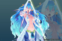 Rule 34 | 1girl, armpits, arms up, bare shoulders, blue hair, breasts, dmm, elbow gloves, gloves, large breasts, long hair, looking at viewer, magic, multicolored eyes, navel, open mouth, simple background, solo, standing, sword, weapon
