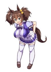 Rule 34 | 1girl, :d, absurdres, animal ears, aqua eyes, bow, bowtie, brown hair, commentary request, fang, fox mask, full body, hands on own hips, highres, horse ears, horse girl, horse tail, horseshoe ornament, inari one (umamusume), leaning forward, looking at viewer, mask, miniskirt, open mouth, pleated skirt, puffy short sleeves, puffy sleeves, purple shirt, sailor collar, sailor shirt, school uniform, serafuku, shirt, short sleeves, simple background, skirt, smile, solo, standing, summer uniform, tail, thighhighs, tracen school uniform, two side up, umamusume, white background, white skirt, white thighhighs, yuki usagi (agtd5758), zettai ryouiki