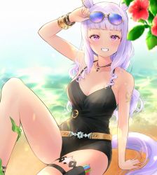 Rule 34 | 1girl, adjusting eyewear, animal ears, arm tattoo, arm up, bangle, bare shoulders, black one-piece swimsuit, blunt bangs, blush, bracelet, breasts, casual one-piece swimsuit, cleavage, eyewear on head, feet out of frame, flower, gold ship (run revolt launcher) (umamusume), gold ship (umamusume), grin, holster, horse ears, horse girl, horse tail, jewelry, knee up, long hair, looking at viewer, medium breasts, necklace, one-piece swimsuit, peteron, purple eyes, purple hair, sitting, smile, solo, sunglasses, swimsuit, tail, tattoo, thigh holster, umamusume, water, water gun