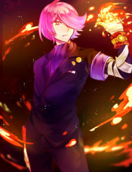 Rule 34 | 10s, 1boy, air (411471411471), armband, bandages, bandaged arm, bandages, concrete revolutio, fire, fire, formal, hair over one eye, hitoyoshi jirou, long sleeves, male focus, pants, pink hair, short hair, solo, suit, watch, wristwatch, yellow eyes