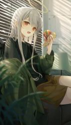 Rule 34 | 1girl, absurdres, azuazu 0405, black shirt, brown shorts, burger, couch, desk lamp, food, green jacket, grey hair, halo, highres, holding, holding food, indoors, jacket, lamp, long hair, long sleeves, looking at viewer, off shoulder, on couch, open clothes, open jacket, open mouth, original, plant, potted plant, red eyes, shirt, shorts, sitting, solo, window, window blinds, window shutter, wrapper