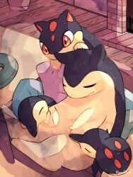 Rule 34 | animal focus, artist name, closed eyes, closed mouth, couch, creatures (company), cyndaquil, evolutionary line, fireplace, game freak, gen 2 pokemon, hanabusaoekaki, highres, indoors, nintendo, no humans, nostrils, pokemon, pokemon (creature), quilava, red eyes, sitting, sleeping, typhlosion, wooden floor