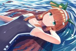 Rule 34 | 1girl, akabane hibame, animal ears, aqua eyes, bad anatomy, bad perspective, bare arms, bare shoulders, black one-piece swimsuit, blunt bangs, closed mouth, hairband, highres, horse ears, horse girl, long hair, looking at viewer, lying on water, one-piece swimsuit, orange hair, partially submerged, silence suzuka (umamusume), solo, swimsuit, umamusume, upper body, water, white hairband