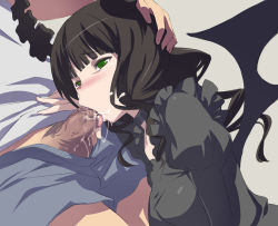 Rule 34 | 10s, 1girl, akira (coffee curry), bat wings, black hair, black rock shooter, censored, cum, cum in mouth, dark penis, dead master, fellatio, green eyes, grey background, hand on another&#039;s head, horns, md5 mismatch, mosaic censoring, oral, penis, petite, solo focus, tongue, wings