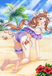 Rule 34 | 1girl, all fours, animal ears, arknights, arm support, ass, bare legs, bare shoulders, barefoot, bikini, blue sky, blush, bridal garter, brown hair, chinese commentary, cloud, commentary request, crab, day, eyjafjalla (arknights), feet, flower, hair flower, hair ornament, hand up, hibiscus, horns, lace, lace-trimmed bikini, lace trim, light rays, long hair, looking at viewer, nose blush, off-shoulder bikini, off shoulder, open mouth, palm tree, pink eyes, purple bikini, red flower, ryuu32, shadow, sheep ears, sheep horns, sky, solo, starfish, swimsuit, tears, thighs, tree, very long hair, white flower