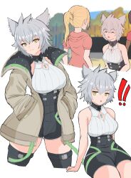 Rule 34 | 1girl, absurdres, animal ears, blunz, breasts, cat ears, cat girl, chest jewel, clothing cutout, core crystal (xenoblade), crystal, diamond cutout, fingerless gloves, gloves, highres, jacket, looking at viewer, medium breasts, messy hair, na&#039;el (xenoblade), romper, short hair, shorts, simple background, solo, thighhighs, thighs, xenoblade chronicles (series), xenoblade chronicles 3, xenoblade chronicles 3: future redeemed, yellow eyes