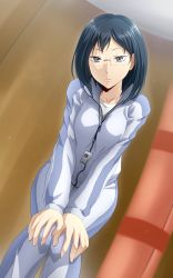 Rule 34 | 10s, 1girl, black eyes, black hair, dutch angle, glasses, haikyuu!!, hands on own knees, highres, kokutou, leaning forward, looking at viewer, mole, mole under mouth, shimizu kiyoko, short hair, solo, track suit, whistle
