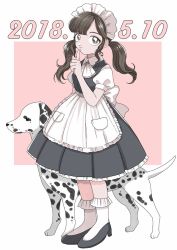 Rule 34 | 1girl, 2018, amamams, apron, ascot, bobby socks, brown eyes, brown hair, dalmatian, dated, dog, dress, finger to mouth, high heels, highres, looking at viewer, low twintails, maid, maid apron, maid day, maid headdress, medium dress, original, puffy short sleeves, puffy sleeves, pumps, short sleeves, shushing, smile, socks, swept bangs, twintails