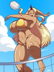 Rule 34 | 10s, 1girl, ball, beach volleyball, bikini, blazbaros, blonde hair, breasts, cleavage, curvy, dark-skinned female, dark skin, female focus, foot out of frame, gigantic breasts, highres, horns, jumping, long hair, monster girl, monster musume no iru nichijou, ogre, open mouth, orange eyes, playing sports, single horn, smile, solo, swimsuit, thick thighs, thighs, tionishia, underboob, volleyball, volleyball (object), wide hips