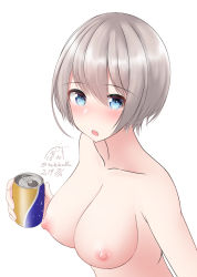 Rule 34 | 1girl, :o, blue eyes, blush, breasts, can, dated, fang, grey hair, hair between eyes, highres, holding, holding can, looking at viewer, medium breasts, nekobaka, nipples, open mouth, original, short hair, signature, simple background, solo, twitter username, upper body, white background