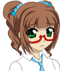 Rule 34 | 00s, 1girl, bespectacled, brown hair, female focus, glasses, green eyes, idolmaster, idolmaster (classic), simple background, solo, takatsuki yayoi, twintails, yasuhito