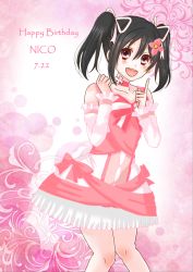 Rule 34 | 1girl, artist name, artist request, bare legs, bare shoulders, black hair, blush, bokutachi wa hitotsu no hikari, bow, choker, detached sleeves, dress, earrings, female focus, flower, frilled sleeves, frills, hair flower, hair ornament, hair ribbon, jewelry, looking at viewer, love live!, love live! school idol festival, love live! school idol project, petals, pink background, pink dress, red bow, red choker, red eyes, ribbon, sash, smile, solo, sparkle, striped neckwear, tagme, twintails, yazawa nico