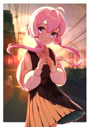 Rule 34 | 1girl, ahoge, backlighting, blush, collared shirt, dress, highres, long hair, long sleeves, looking at viewer, low twintails, mikami jun (haaryan), outdoors, own hands together, pinafore dress, pink hair, pleated dress, power lines, purple eyes, shirt, sleeveless dress, solo, sunset, town, twintails, vocaloid, voiceroid, wind, yuzuki yukari