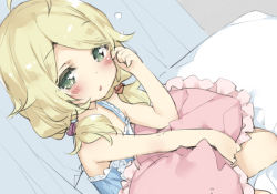 Rule 34 | 1girl, ahoge, bare arms, bare shoulders, bed sheet, blonde hair, blue camisole, blush, camisole, dutch angle, green eyes, hair over shoulder, idolmaster, idolmaster cinderella girls, kani biimu, long hair, looking at viewer, low twintails, parted lips, pillow, sitting, sleepy, solo, twintails, yusa kozue