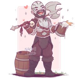 Rule 34 | 1boy, artist request, axe, bald, bare pectorals, battle axe, beard, beer mug, blue skin, blush, chest harness, colored skin, critical role, cup, deformed, dungeons & dragons, dungeons &amp; dragons, facial hair, full body, grog strongjaw, happy aura, harness, head tattoo, highres, holding, leather, male focus, mature male, mug, muscular, muscular male, nipples, over shoulder, pectorals, shoulder tattoo, solo, sparkle background, tattoo, the legend of vox machina, thick eyebrows, weapon, weapon over shoulder