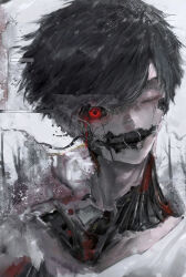 Rule 34 | 1boy, absurdres, black hair, closed mouth, foreverechoyu, hair between eyes, highres, male focus, mecha, one eye closed, original, portrait, red eyes, robot, short hair, solo, torn skin, white background, wire