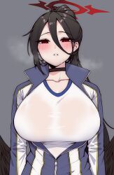 Rule 34 | 1girl, 7a (se7ena), black choker, black hair, black wings, blue archive, blush, breasts, choker, collarbone, grey background, gym uniform, hair between eyes, half-closed eyes, hasumi (blue archive), hasumi (track) (blue archive), highres, huge breasts, long hair, looking down, low wings, mole, mole under eye, parted lips, partially unzipped, ponytail, red eyes, shirt, simple background, solo, steaming body, unzipped, upper body, white shirt, wings, zipper