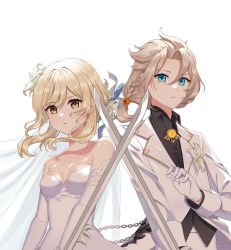 Rule 34 | 1boy, 1girl, absurdres, albedo (genshin impact), anientte, bare shoulders, black shirt, blonde hair, blue eyes, blue ribbon, breasts, brooch, chain, cleavage, commentary, couple, crossed swords, dress, elbow gloves, expressionless, flower, formal, genshin impact, gloves, groom, hair flower, hair ornament, hair ribbon, hetero, highres, holding, holding sword, holding weapon, husband and wife, jewelry, long sleeves, looking at viewer, lumine (genshin impact), medium breasts, mixed-language commentary, parted lips, ponytail, ribbon, shirt, short hair, short hair with long locks, simple background, suit, sword, tuxedo, weapon, wedding dress, white background, white dress, white gloves, white suit, yellow eyes