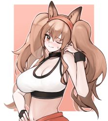Rule 34 | 1girl, ;), absurdres, angelina (arknights), animal ears, arknights, blush, border, breasts, brown eyes, brown hair, cleavage, crop top, fox ears, hand on own hip, hand up, head tilt, highres, large breasts, long hair, looking at viewer, navel, one eye closed, outside border, pants, red background, red pants, shirt, simple background, smile, solo, sweat, twintails, very long hair, white border, white shirt, yuki nko64