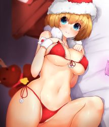 Rule 34 | 1girl, bad id, bad pixiv id, bed, bikini, blonde hair, blue eyes, blush, boruhis, breasts, cameltoe, christmas, cleavage, condom wrapper, female pubic hair, front-tie bikini top, front-tie top, hat, highres, large breasts, looking at viewer, lying, on bed, on side, original, pubic hair, red bikini, santa hat, side-tie bikini bottom, smile, solo, stuffed animal, stuffed reindeer, stuffed toy, swimsuit, wrist cuffs