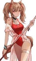 Rule 34 | 1girl, angelina (arknights), angelina (summer flower) (arknights), animal ears, arknights, bare shoulders, blush, bracelet, breasts, brown hair, casual one-piece swimsuit, cleavage, closed mouth, collar, commentary request, cowboy shot, female focus, fox ears, hair ribbon, has bad revision, has downscaled revision, highres, holding, holding staff, infection monitor (arknights), jewelry, large breasts, lch, long hair, looking at viewer, md5 mismatch, necklace, official alternate costume, one-piece swimsuit, red eyes, red one-piece swimsuit, red ribbon, resolution mismatch, ribbon, ring, solo, source smaller, staff, swimsuit, swimsuit cover-up, thigh strap, twintails